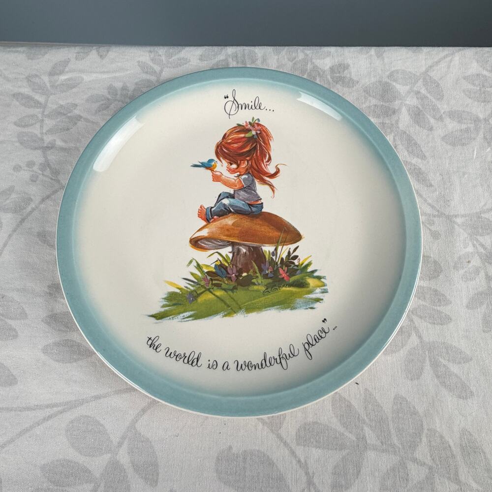 Vintage 1972 Gigi Collector Plate Mushroom Girl Bluebird Cottagecore Mushroom